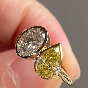 White Oval And Canary Yellow Pear Cut CZ Stone Ring, Bezel Set Two Stone Engagement Ring, Toi Et Moi Wedding Ring, Anniversary Gift For Wife