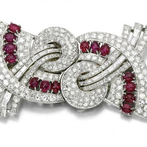 1930&#39;s Geometric Design Cabochon Ruby Brooch, Multi Shape CZ Stone Art Deco Brooch, Party Wear Brooch For Women, 925 Silver Wedding Brooch