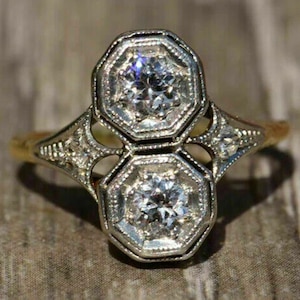 Old European Cut Moissanite Diamond Two Tone Ring, Vintage Style Toi Et Moi Ring, Antique Art Deco Two Stone Ring, Wedding Engagement Ring