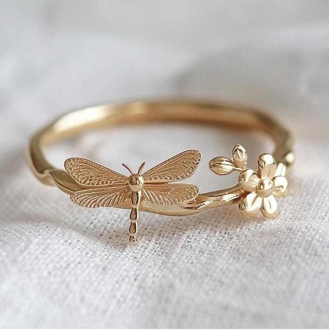 Flowers Rings Firefly Beautiful Dragonfly and Flower Inspired Ring, 14K Gold Minimalist Ring ...