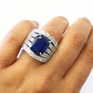 Sapphire Blue Cushion Cut CZ Stone Wedding Bridal Ring, Multi Layer Shank Ring, 925 Silver Gemstone Ring, Engagement Ring, Party Wear Ring
