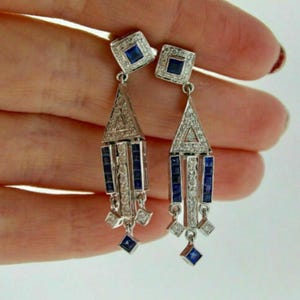 Vintage Style Sapphire Dangle Earring, Blue Princess & Round CZ Stone Edwardian Wedding Earring, Push Back Drop Earring, Art Deco Earring