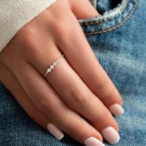 Tiny Three Stone Ring, Dainty Round Moissanite Diamond Ring, Delicate Daily Wear Ring, Promise Ring For Her, Birthday Gift Ring, Thin Band