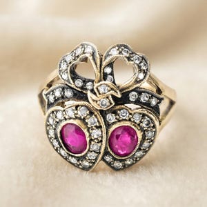 Vintage Style Ruby Oval CZ Stone Wedding Ring, Twin Hearts Ring, Antique Look Ribbon Bow Ring, Women's Party Wear Ring, Victorian Ring
