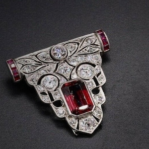 Red Emerald Cut CZ Stone Edwardian Brooch, Antique Art Deco Gemstone Brooch, Vintage Inspire Ruby Brooch, Victorian Brooch, Openwork Brooch