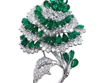 Elegant Flower Brooch, Green Pear & Baguette Cut CZ Stone Brooch, Unisex Brooch, Party Wear Brooch For Her-Him, Wedding Brooch, Fine Jewelry