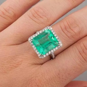 Halo Emerald Cut CZ Stone Ring, Wedding Ring In 925 Silver, Engagement Ring For Women, Gemstone Ring, Anniversary Gift, Birthstone Ring