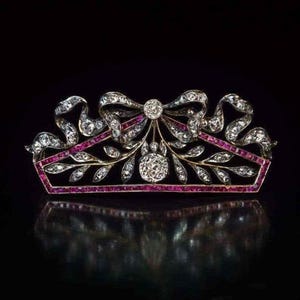 Belle Epoque Ribbon Bow Inspired Brooch, Pink Baguette & Old European Cut CZ Stone Brooch, Art Nouveau Mid-Century Brooch, Victorian Brooch