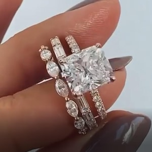 Zestaw obrączek ślubnych z diamentami w szlifie Radiant Moissanite z ukrytym halo, pełna obrączka Eternity, 3-częściowy zestaw pierścionków do łączenia w stosy, zestaw pierścionków zaręczynowych