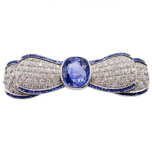 Sapphire Bow Inspired Brooch, Bezel Set Blue Cushion & Baguette Cut CZ Stone Brooch, Gemstone Art Deco Milgrain Brooch, 925 Silver Brooch