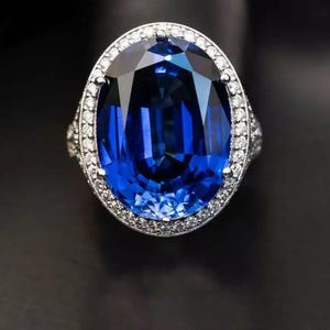 Sapphire Gemstone Ring For Women, Blue Oval CZ Stone Halo Wedding Bridal Ring, Women&#39;s Cocktail Party Wear Ring, 14K Gold Engagement Ring