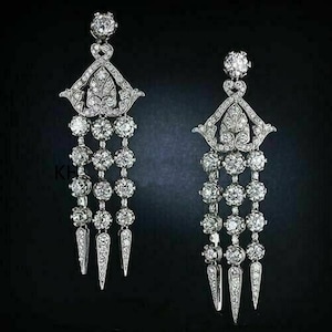 Art Deco Chandelier Earring, Round Moissanite Diamond Edwardian Dangle Earring, Antique Vintage Style Earring, 14K Gold Wedding Earring