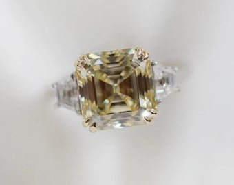 Yellow Asscher With Fancy Cut CZ Stone Ring, Three Stone Wedding Bridal Ring, 18K Gold Engagement Anniversary Gift Ring, Birthday Gift Ring