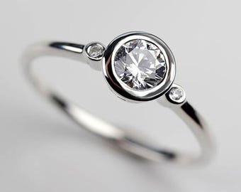 Classic Three Stone Bezel Set Ring, Dainty Round Moissanite Diamond 14K White Gold Ring, Engagement Proposal Ring, Wedding Anniversary Gift