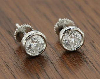 Bezel Set Round Moissanite Diamond Stud Earring, 14K Gold Solitaire Dainty Studs, Engagement Earring, Women's Daily Wear Studs,Birthday Gift