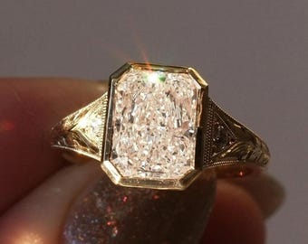 Bezel Set Radiant & Round Cut Moissanite Diamond Ring, Three Stone Engagement Ring, 14K Yellow Gold Wedding Ring, Anniversary Gift For Wife