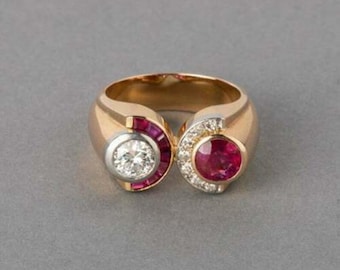 Anello vintage anni '50 con rubino, anello in oro bicolore con pietra CZ rosa a baguette e rotonda, anello con due pietre incastonate a castone, anello di fidanzamento per donna.