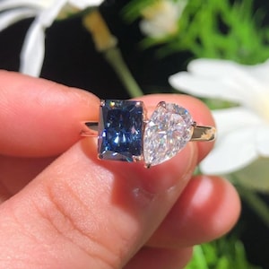 Sapphire Blue Radiant & Pear Cut CZ Stone Ring, Two Stone Toi Et Moi Ring, Gemstone Engagement Ring, Anniversary Gift For Her, Proposal Ring