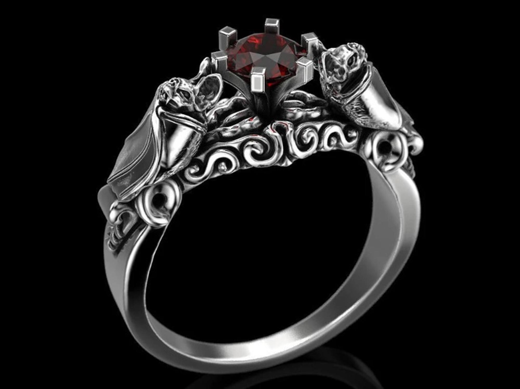 Two Bat Wing Gothic Ring, 925 Silver "BAT" Bird Inspired Ring, Solitaire Engagement Ring, Garnet Round Cut CZ Stone Wedding Ring, Biker Ring