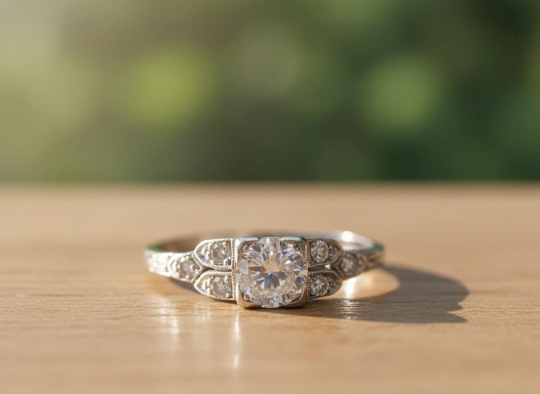 Antique Art Deco Minimalist Ring, Old European Cut Moissanite Diamond ...