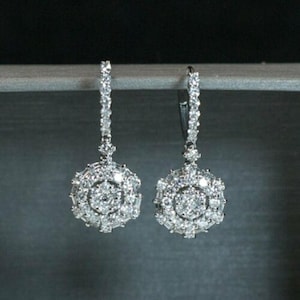 Huggie Hoop Dangle Earring, Round & Baguette Cut CZ Stone Clip-On Drop Earring, 14K White Gold Wedding Earring, Women&#39;s Party Wear Earring