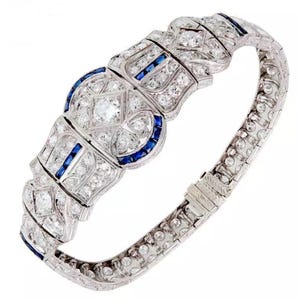 Retro Bracelet For Women, Antique Art Deco Sapphire Bracelet, 925 Silver Edwardian Wedding Bracelet, Blue Baguette & Round CZ Stone Bracelet