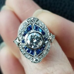 Sapphire Art Deco Vintage Style Ring, Bezel Set Round & Blue Baguette Cut CZ Stone Ring, Retro Ring For Women, Edwardian Engagement Ring