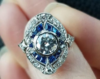 Sapphire Art Deco Vintage Style Ring, Bezel Set Round & Blue Baguette Cut CZ Stone Ring, Retro Ring For Women, Edwardian Engagement Ring