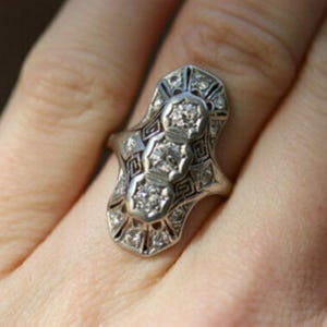 Elongated Victorian Dinner Ring, Three Stone Art Deco Engagement Ring, Round Moissanite Diamond Vintage Style Ring, 14K Gold Wedding Ring