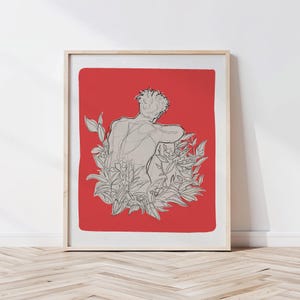 Botanical Man Poster | Elegant Line Drawing Gift | Red Aesthetic Bedroom Art | Sensual Male Silhouette | Nature Inspired Abstract Wall Decor