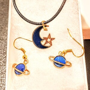 Planet, moon and Star necklace and earrings set
