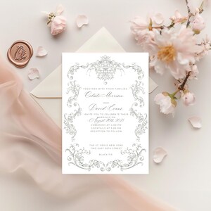 Modèle de faire-part de mariage vintage moderne romantique, carte de mariage en toile modifiable, invitation imprimable élégante, conception de mariage intemporelle