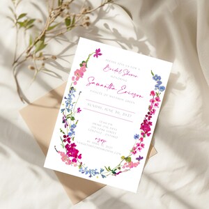 Luxe lente bloemen vrijgezellenfeestuitnodiging, elegante canvassjabloon, roze tuinontwerp, bewerkbare direct download, bruiloft bruidsuitnodiging