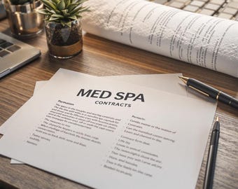 Könnte beinhalten: Ein weißes Blatt Papier mit dem Text "MED SPA CONTRACTS" oben. Das Papier listet die vom Spa angebotenen Dienstleistungen auf, darunter Formation, Perpects und Contrates. Zwei schwarze Stifte liegen auf dem Tisch neben dem Papier.