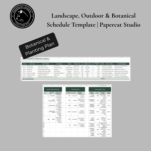 May include: A digital landscape, outdoor, and botanical schedule template by Papercat Studio. The image displays a spreadsheet titled Botanical & Planting Plan with columns for plant data, alongside a legend table detailing planting codes.