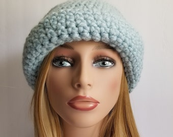 Glacier Blue Crochet Derby Hat: Chunky Knit Winter Hat, Womens (22-24")