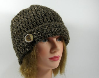 Brown Tweed Crochet Beanie, Unisex Adult Hat