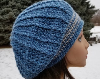 Blue Heather Crochet Slouchy Tam with Grey Stripes, Fits 21-23"