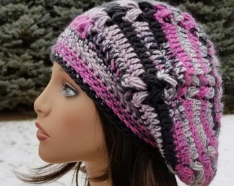 Pink Grey Crochet Slouchy Hat - Boho Handstitched Beanie