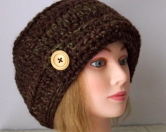 Handmade Crochet Winter Hat: Chunky Yarn, Earthy Brown with Button