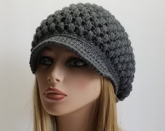 Charcoal Grey Hat Womens Gray Slouchy Hipster Hat Womens Crochet Newboy Visor Hat Ready to Ship