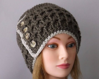 Taupe Crochet Cloche Hat: Two-Tone Knit Flapper Style