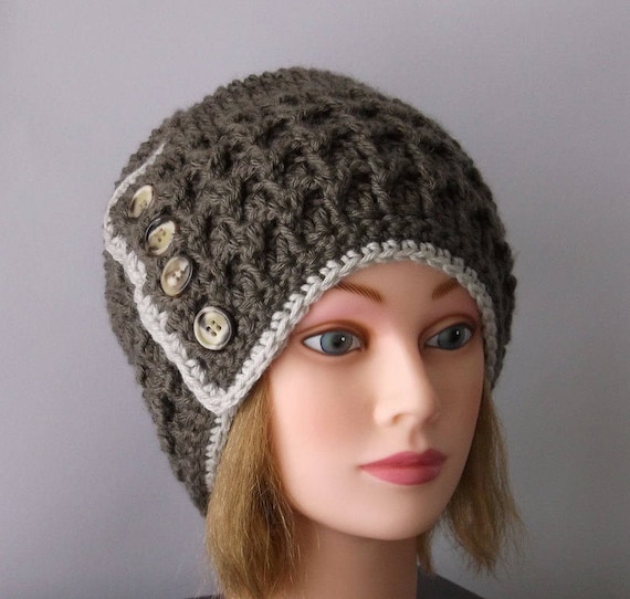 Pearl-Trim Crochet Cloche Hat - Taupe Crochet Beanie Hat Pearl Trim Boho Lightweight Knit Skull Cap main image 2