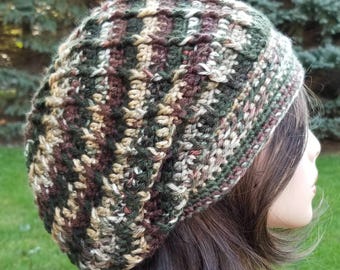 Variegated Crochet Slouchy Hat, Green Gold Brown Beanie