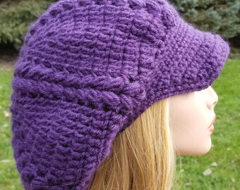 Purple Crochet Visor Hat: Extra Long Slouchy Acrylic Knit