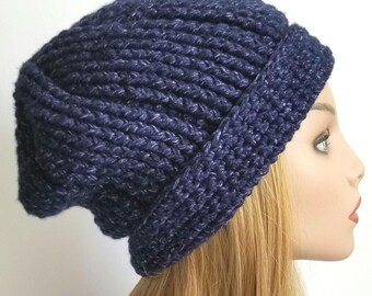 Denim Crochet Slouchy Beanie, Unisex Winter Hat