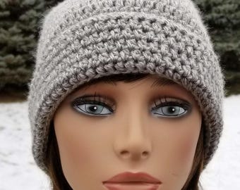Grey Heather Crochet Slouch Beanie Hat, Unisex Knit Winter Cap