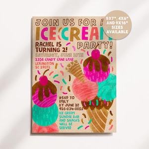 Butter Yellow Ice Cream Birthday Invitation, Retro Ice Cream Cone Party Invite, Editable Corjl Template (Digital Download)
