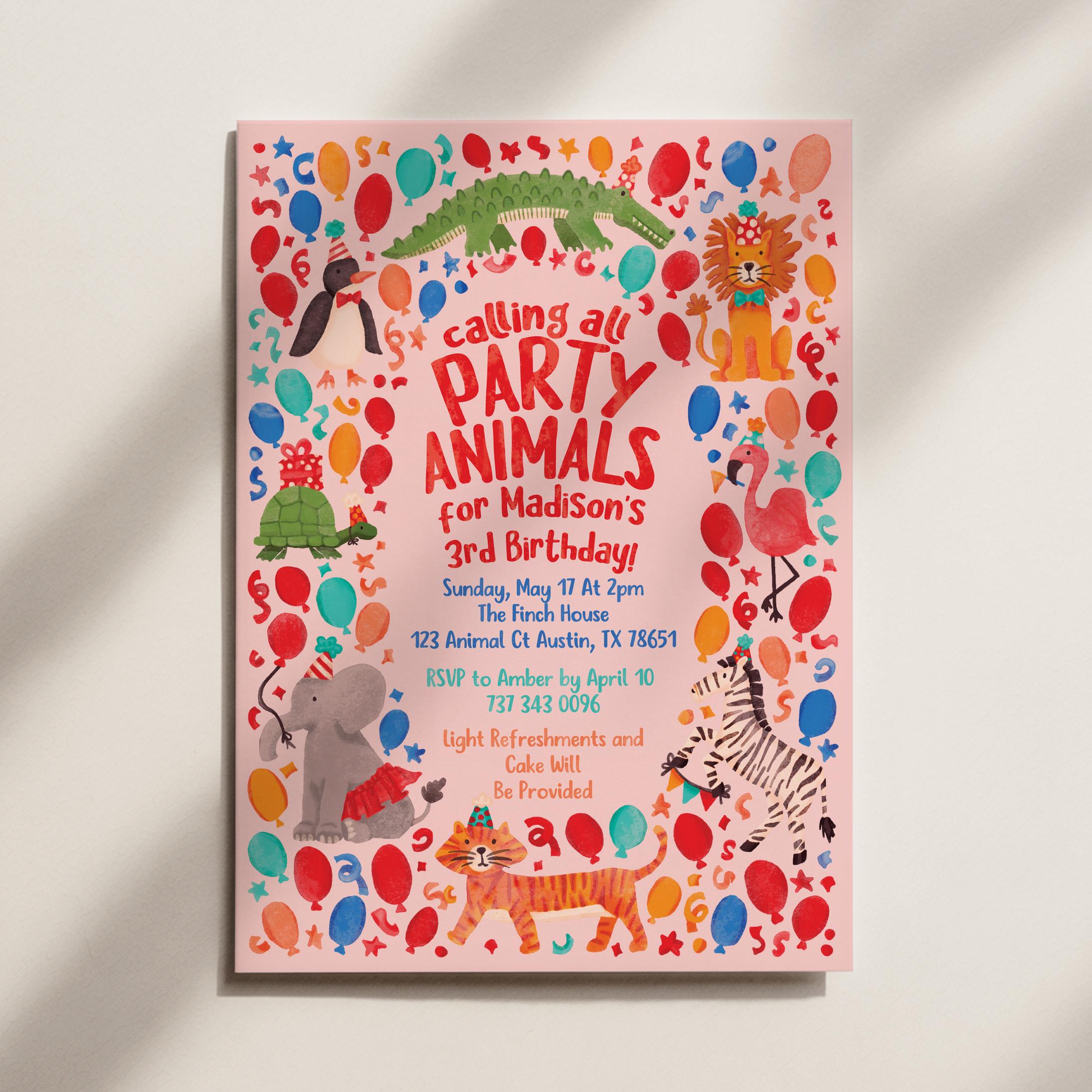 Watercolor Party Animals Birthday Invitation, Retro Zoo Animals Invite ...