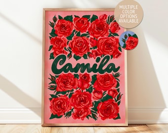Personalized Name Rose Print, Red Flower Painting, Customizable Baby Shower or Nursery Art Gift